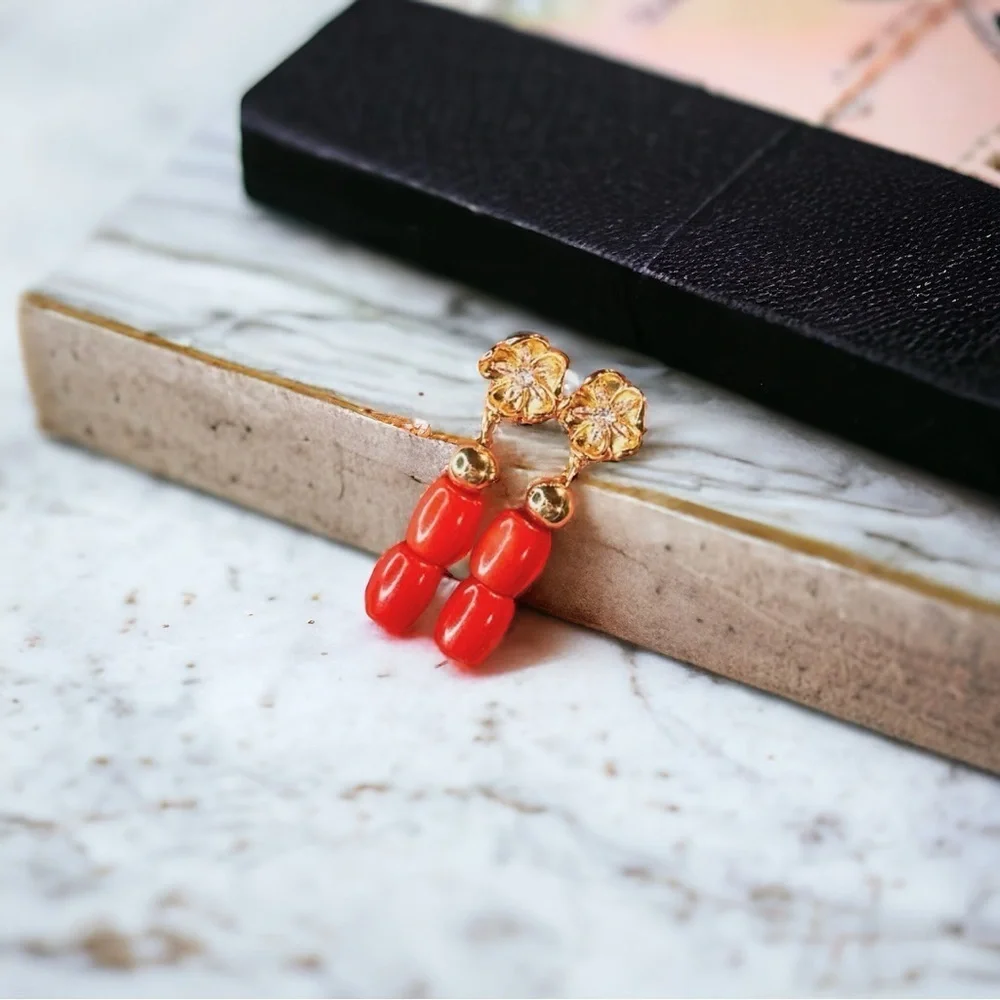 NEW Yellow Gold Blooming Flower Gold Hematite & Red-Orange Natural Coral Earring